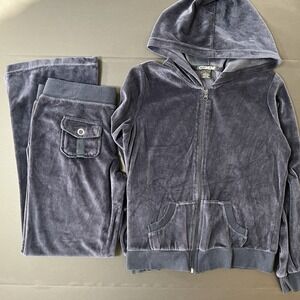 Vintage Coolwear Velour Hooded Tracksuit Women's L Flared Pants Blue Y2K